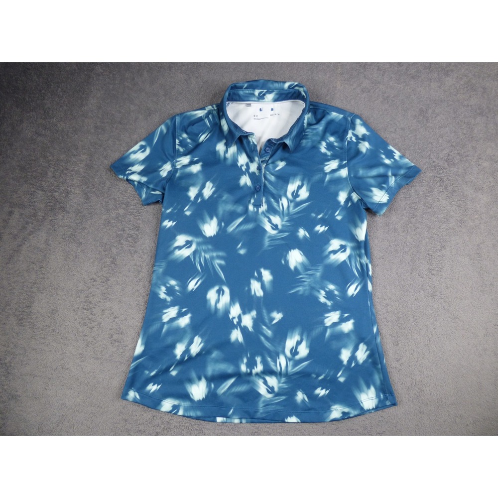 Under Armour Womens Blue Abstract Floral Golf Polo Shirt Size Medium HeatGear